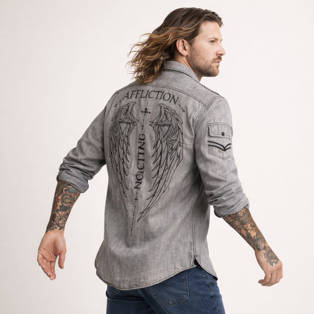 Affliction Black Premium Embroidered Wing Cross Button Shirt XL Gothic Western